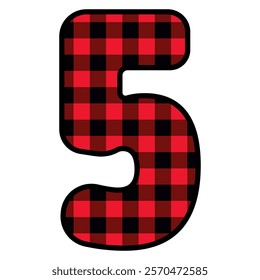 Alphabet number font, red lumberjack plaid pattern for 5