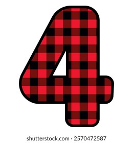 Alphabet number font, red lumberjack plaid pattern for 4