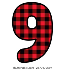 Alphabet number font, red lumberjack plaid pattern for 9