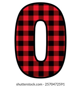 Alphabet number font, red lumberjack plaid pattern for 0