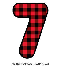 Alphabet number font, red lumberjack plaid pattern for 7