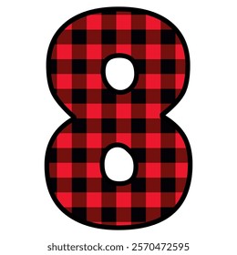 Alphabet number font, red lumberjack plaid pattern for 8