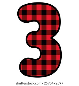 Alphabet number font, red lumberjack plaid pattern for 3