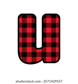 Alphabet number font, red lumberjack plaid pattern u