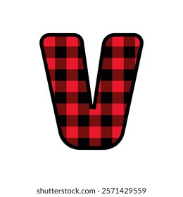 Alphabet number font, red lumberjack plaid pattern v