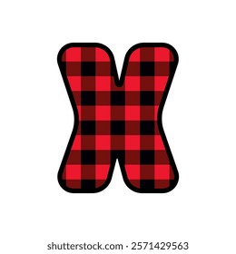 Alphabet number font, red lumberjack plaid pattern x