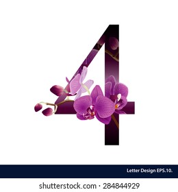 Alphabet number four with flower. Vector illustration.
