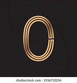 Alphabet number letter line 0. Golden line. Wave background. Luxury style. Vector illustration