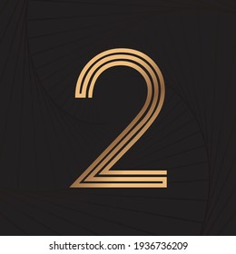 Alphabet number letter line 2. Golden line. Wave background. Luxury style. Vector illustration