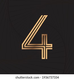 Alphabet number letter line 4. Golden line. Wave background. Luxury style. Vector illustration