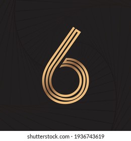 Alphabet number letter line 6. Golden line. Wave background. Luxury style. Vector illustration