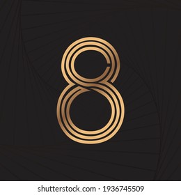 Alphabet number letter line 8. Golden line. Wave background. Luxury style. Vector illustration