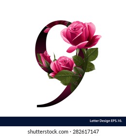 Alphabet number nine with flower. Vector illustration.