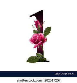 Alphabet number one with flower. Vector illustration.