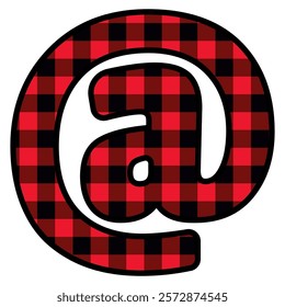 Alphabet number punctuation mark font, red lumberjack plaid pattern for At sign