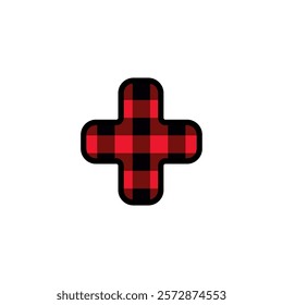 Alphabet number punctuation mark font, red lumberjack plaid pattern for plus or add