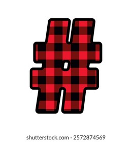 Alphabet number punctuation mark font, red lumberjack plaid pattern for hashtag