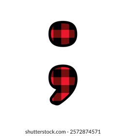 Alphabet number punctuation mark font, red lumberjack plaid pattern for Semi colon