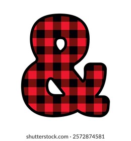 Alphabet number punctuation mark font, red lumberjack plaid pattern for Ampersand and sign