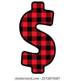 Alphabet number punctuation mark font, red lumberjack plaid pattern for dollar sign