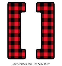 Alphabet number punctuation mark font, red lumberjack plaid pattern for Square Brackets