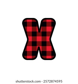 Alphabet number punctuation mark font, red lumberjack plaid pattern for multiply or times