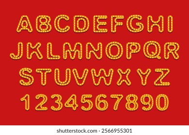 Alphabet and number set with marquee style glowing lights on red background. Decorative illuminated typography for retro design and poster.