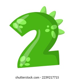 Alphabet number two in dinosaur font vector illustration. Cute cartoon drawing of English letter and number in dino style for kindergarten or school children. Education concept