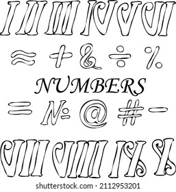 Alphabet and numbers .Black and white linear illustration depicting letters,numbers,Roman numerals and icons,coloring book for children and adults,line art wall art,posters,shaft art,stained glass sty