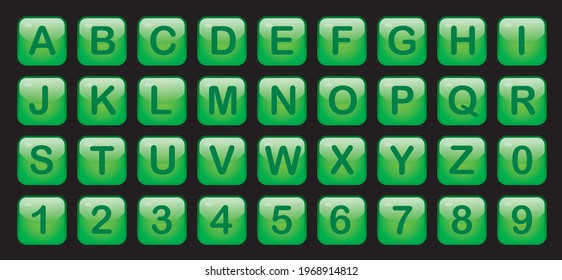 Alphabet and numbers button icon, green color square button icon set.