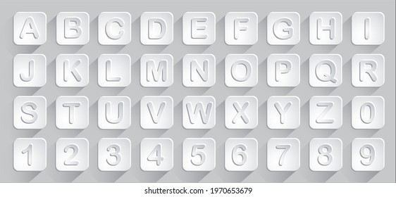 Alphabet and numbers button set, 3d white button set vector design.