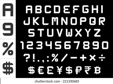 alphabet, numbers, currency and symbols pack - rectangular basic font, vector
