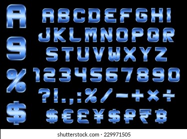 alphabet, numbers, currency and symbols pack - rectangular beveled blue metal font