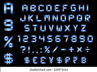 alphabet, numbers, currency and symbols pack - rectangular bent blue metal font