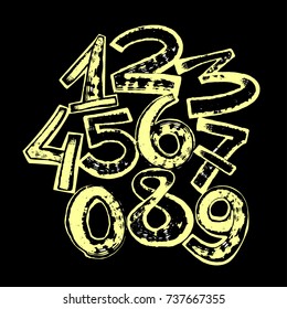 Alphabet numbers digital style hand-drawn doodle sketch. Vector illustration.Grunge drawing technique poster.