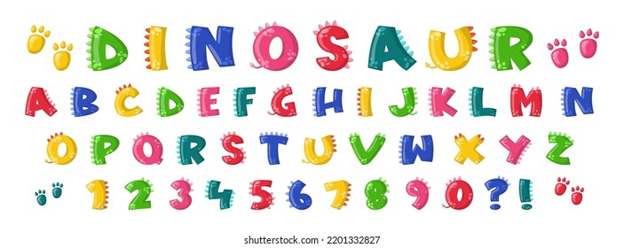 Alphabet and numbers in dinosaur font vector illustrations set. Cute cartoon drawings of English letters and numbers in dino style for kindergarten or school children. Education, typography concept