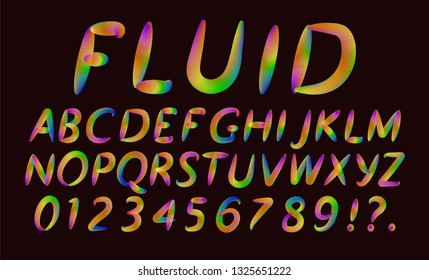 Alphabet and numbers from fluid multicolored transparent letters, Fashionable font, in trend. For use in advertising, announcements, promotions, discounts, sales.
