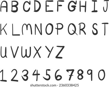 Alphabet und Zahlen, handgezeichnetes Alphabet A B C D E F G H I J K L M N O P R S U V W X Y Z
