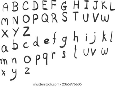 Alphabet und Zahlen, handgezeichnetes Alphabet A B C D E F G H I J K L M N O P R S U V W X Y Z
