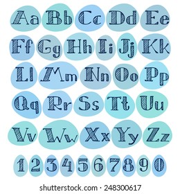 Alphabet and numbers, hand drawn alphabet, font in sketch style.
