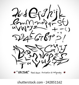 alphabet and numbers - hand drawn in vector   / Handwritten alphabet