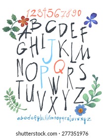 alphabet and numbers hand drawn in vector  Handwritten alphabet with watercolor flowers.