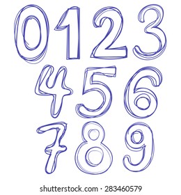 Alphabet numbers hand-drawn doodle sketch. Vector illustration of  hand-drawn numbers