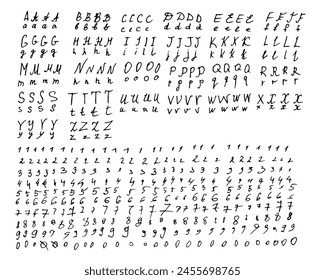 Alphabet and numbers are handwritten in black pen scrawl on white background. Doodle style English letters are uppercase and small in different styles. Numbers drawn black capillary pen.