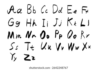 O alfabeto e os números são escritos à mão em caneta preta sobre fundo branco. As letras em inglês do estilo Doodle são maiúsculas e pequenas em estilos diferentes. Números desenhados em caneta capilar preta.
