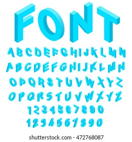 Alphabet with numbers icons set in isometric 3d style. English font set collection vector illustration