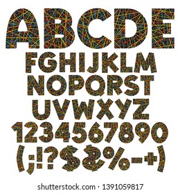 Alphabet, numbers, letters and signs of color stripes, ribbons, threads. Set of color vector isolated objects on white background.