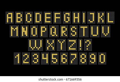 Alphabet and numbers of light on a black background. Digital font for illutration. Vector latin letters. Point Contrusction.