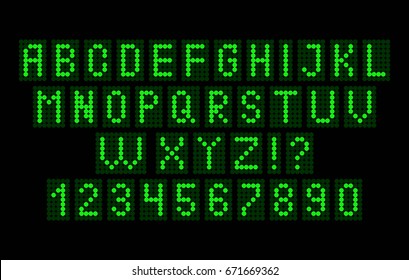 Alphabet and numbers of light on a black background. Digital font for illutration. Vector latin letters. Point Contrusction.