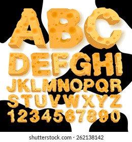 Alphabet and numbers made of cheese, vector illustration.
